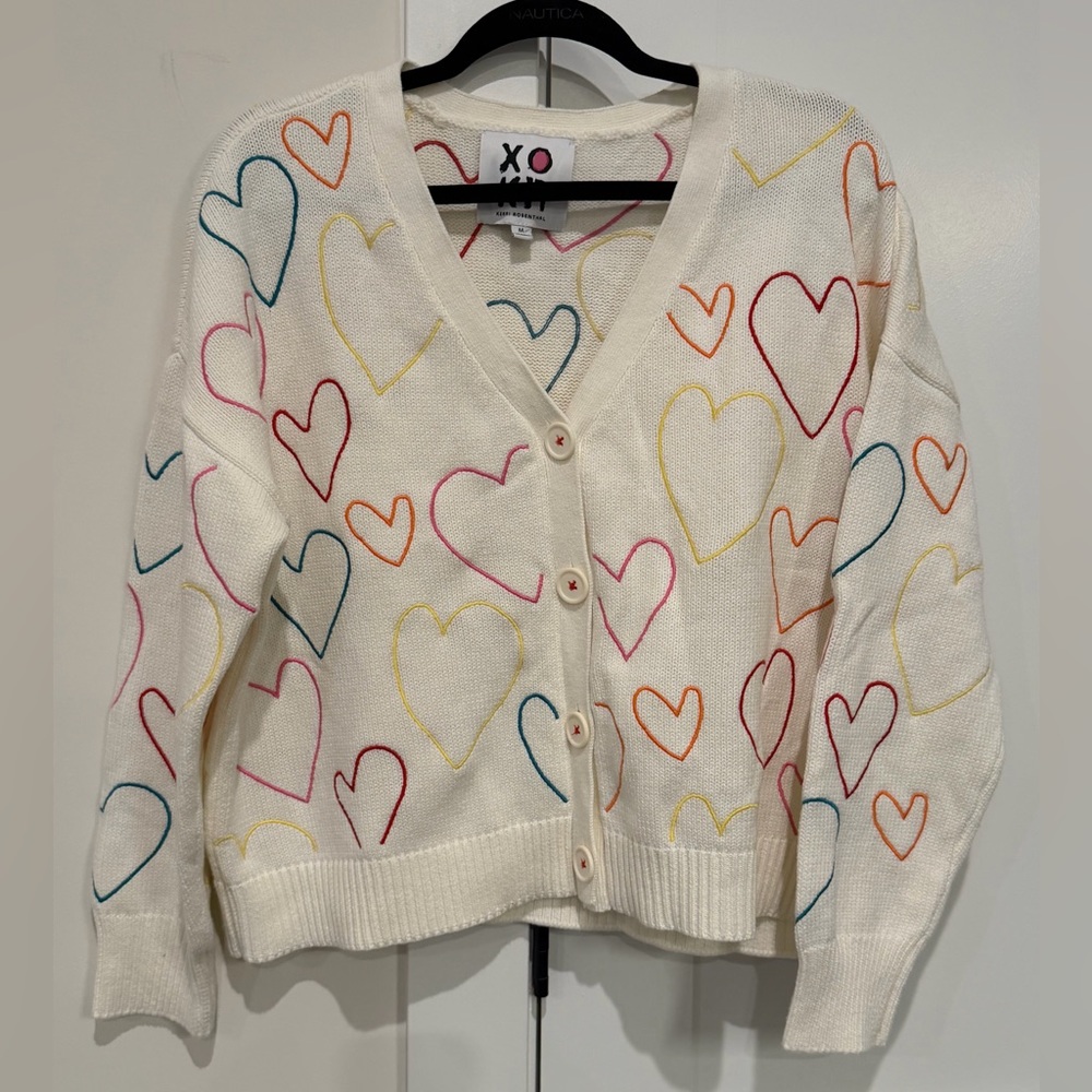 Kerri Rosenthal XOKR Rainbow Heart Embroidered Cardigan Sweater Sz M Whimsical